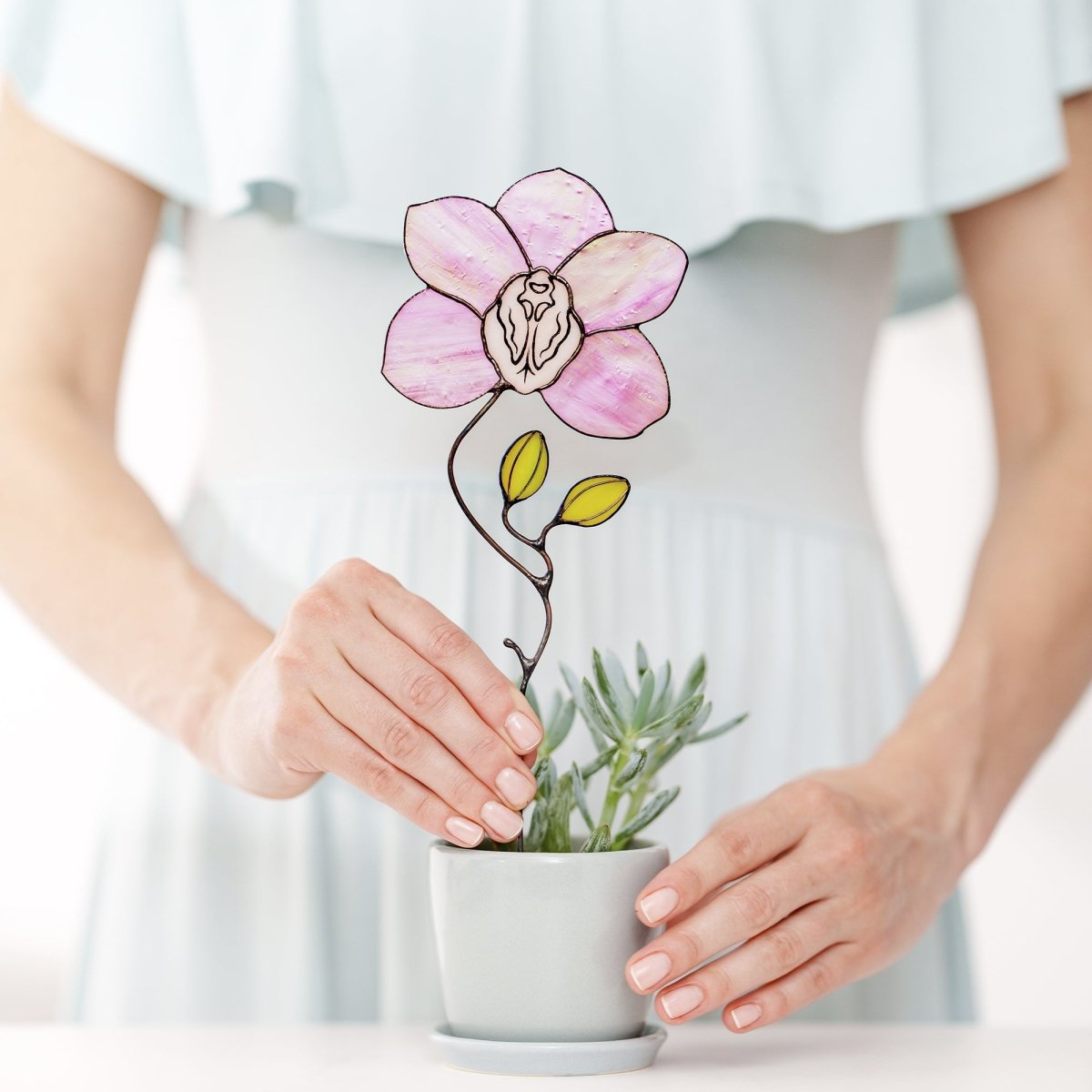 suncatcher stained_glass Pink Orchid Stained Glass Table Decor – Handmade Floral Sculpture