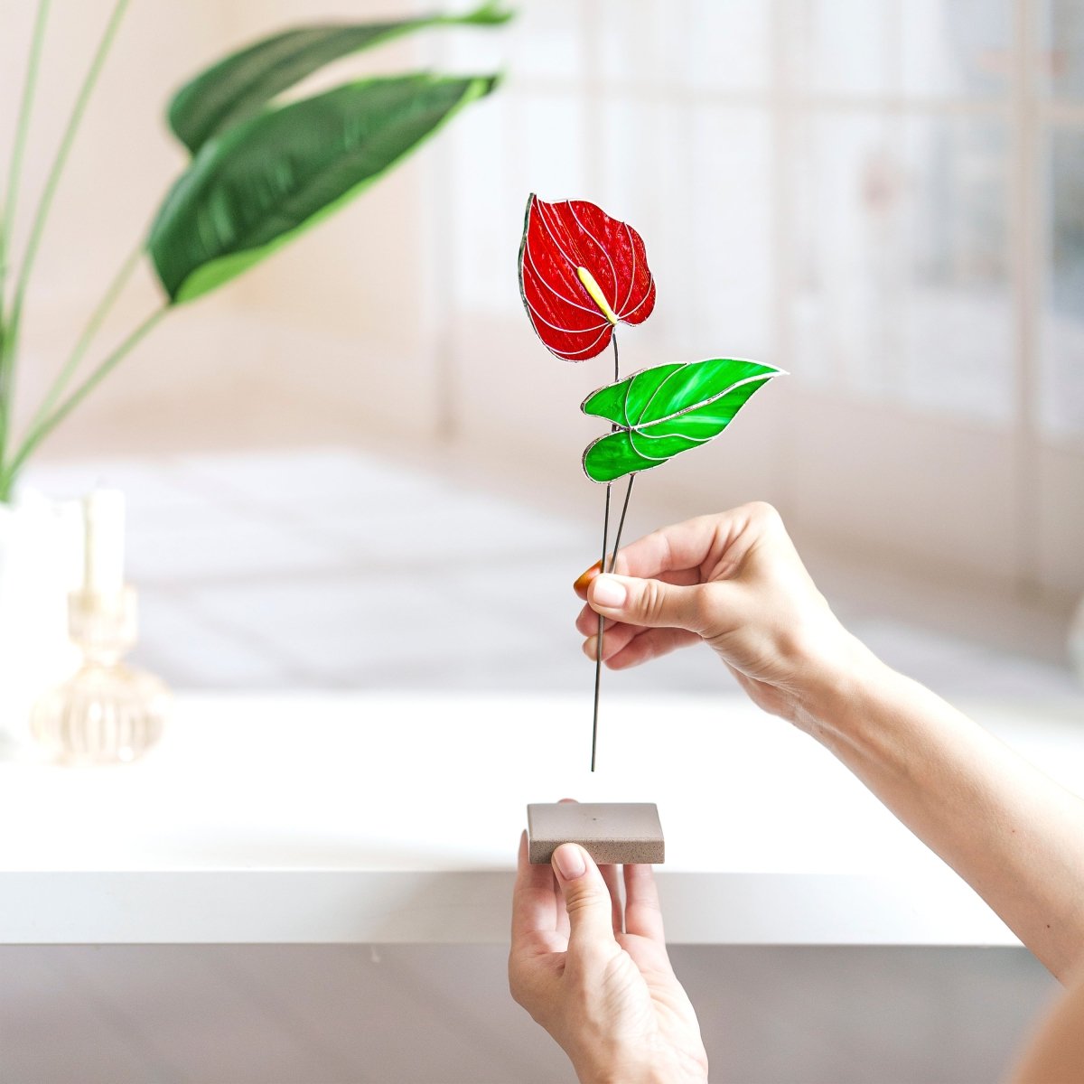 suncatcher Flowers stained_glass Red Anthurium Stained Glass Plant - Suncatcher Handmade Table Decor
