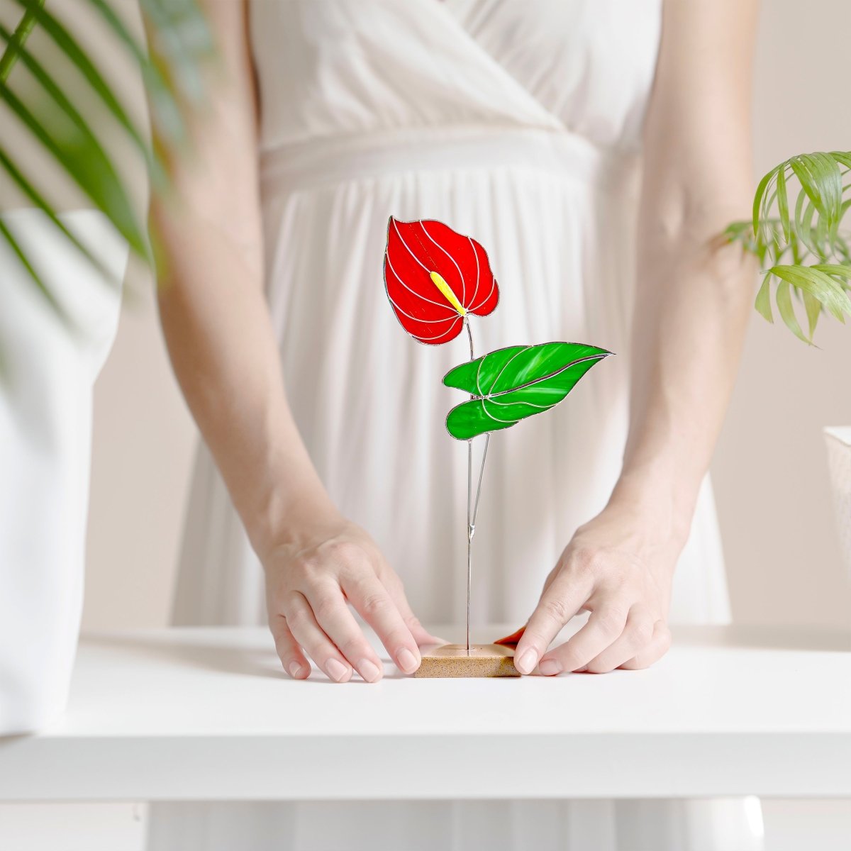 suncatcher Flowers stained_glass Red Anthurium Stained Glass Plant - Suncatcher Handmade Table Decor