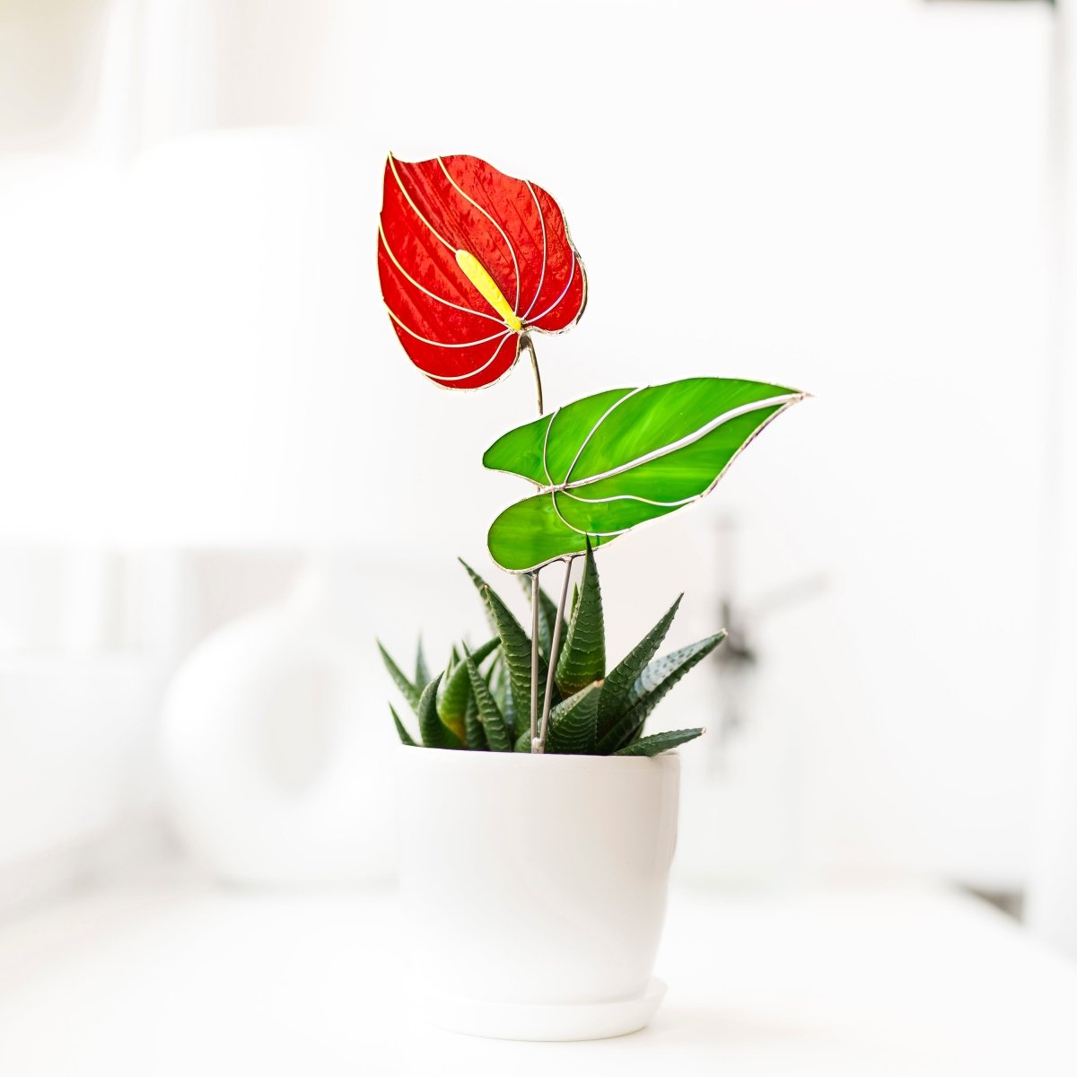 suncatcher Flowers stained_glass Red Anthurium Stained Glass Plant - Suncatcher Handmade Table Decor