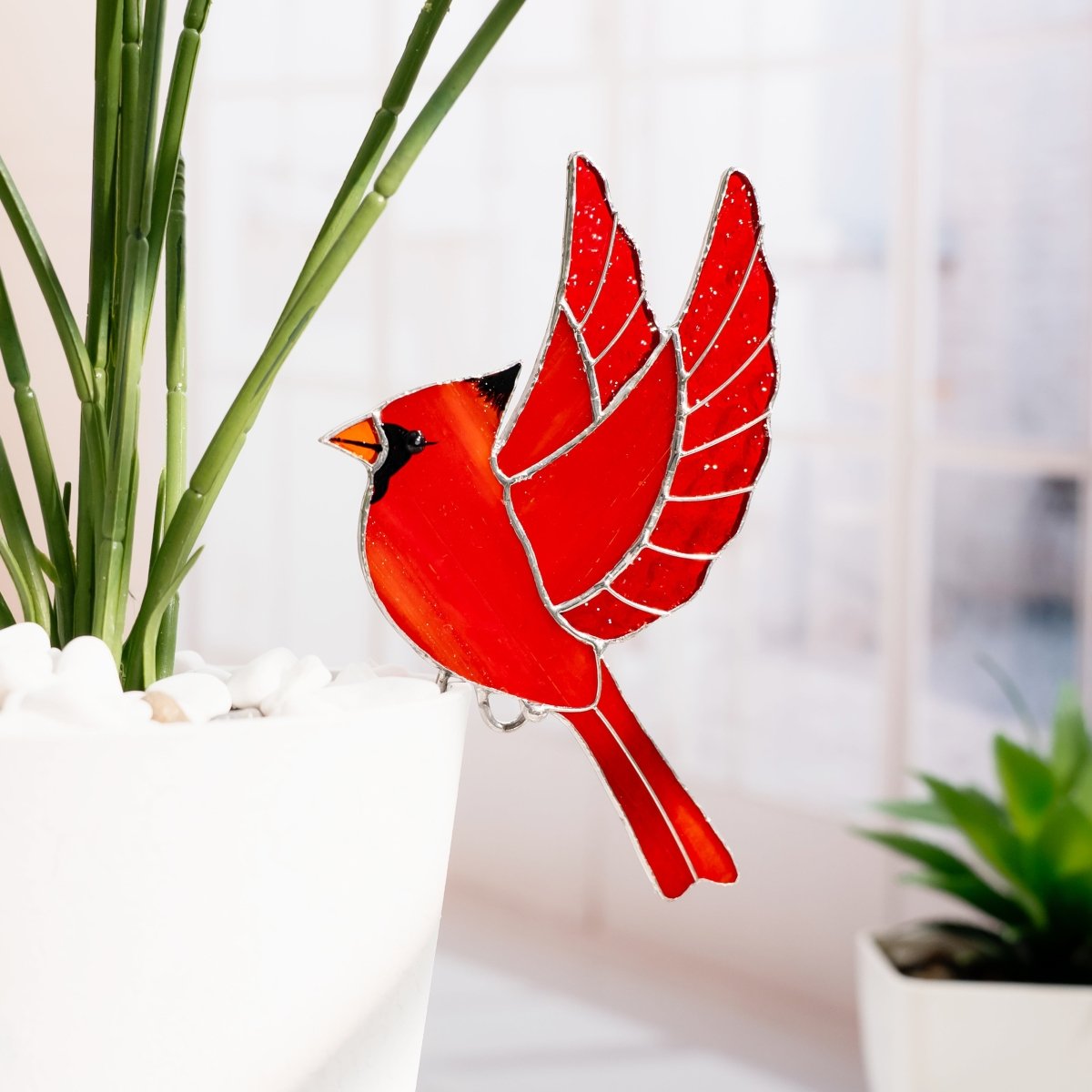 suncatcher stained_glass Red Cardinal Stained Glass – Planter Decoration Symbol of Love & Spirit | Gift for Gardeners | Nature - Inspired Decor
