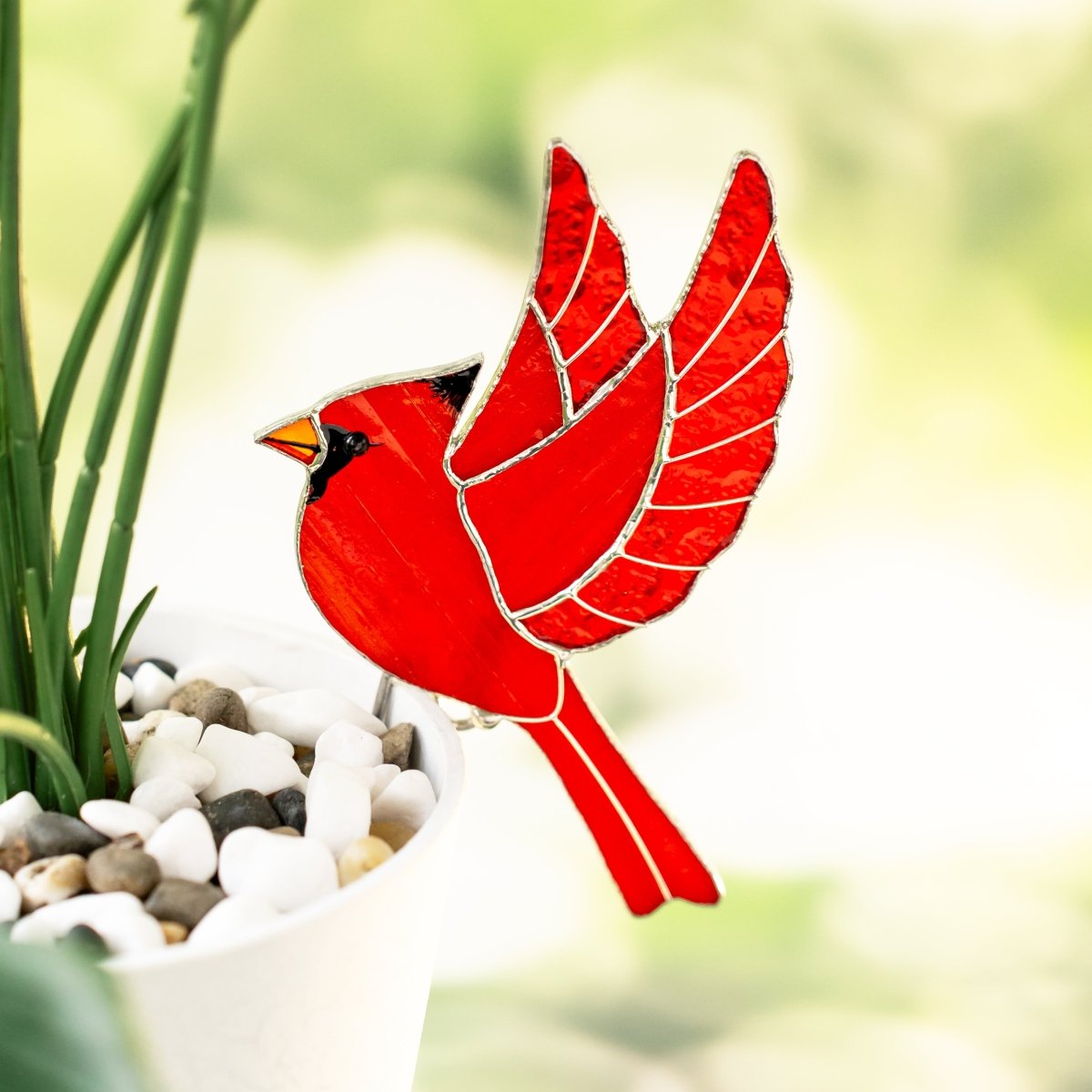 suncatcher stained_glass Red Cardinal Stained Glass – Planter Decoration Symbol of Love & Spirit | Gift for Gardeners | Nature - Inspired Decor