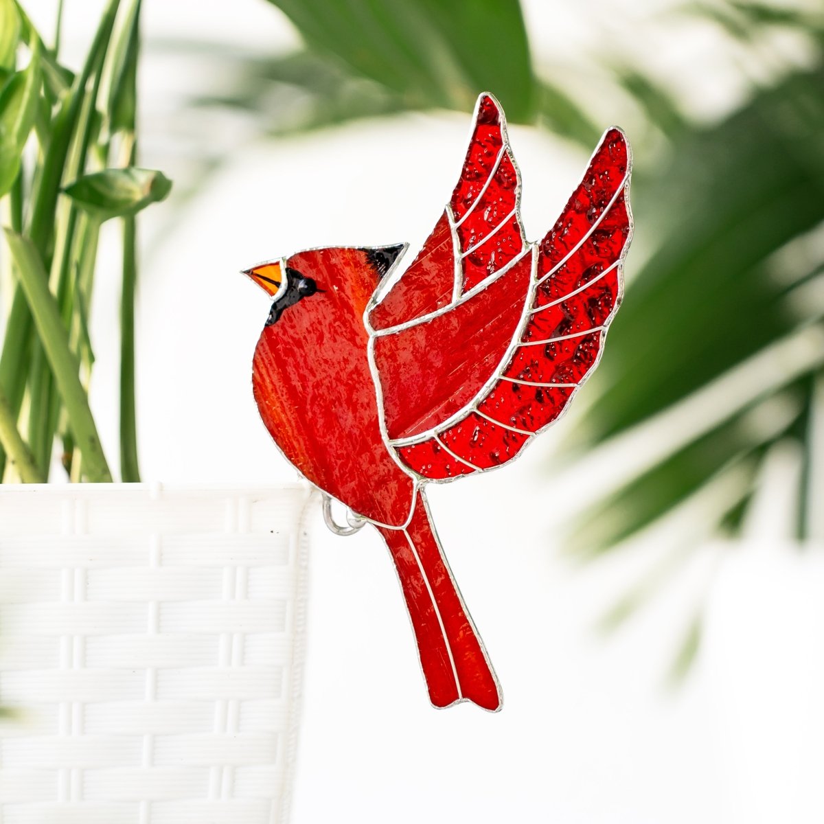 suncatcher stained_glass Red Cardinal Stained Glass – Planter Decoration Symbol of Love & Spirit | Gift for Gardeners | Nature - Inspired Decor