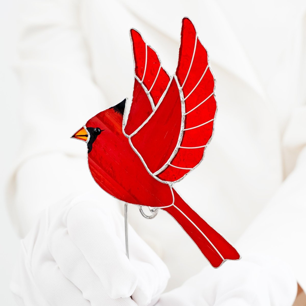 suncatcher stained_glass Red Cardinal Stained Glass – Planter Decoration Symbol of Love & Spirit | Gift for Gardeners | Nature - Inspired Decor