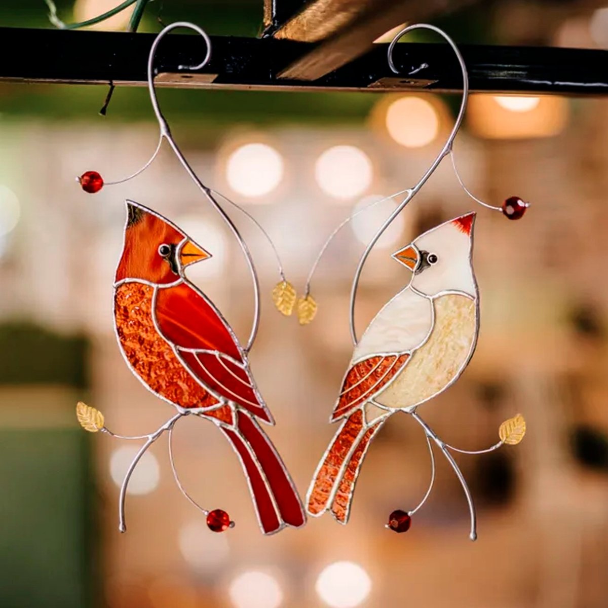 suncatcher Top product stained_glass Red Cardinal Suncatcher - Stained Glass Hanging Decor 3.8x8.3 inch