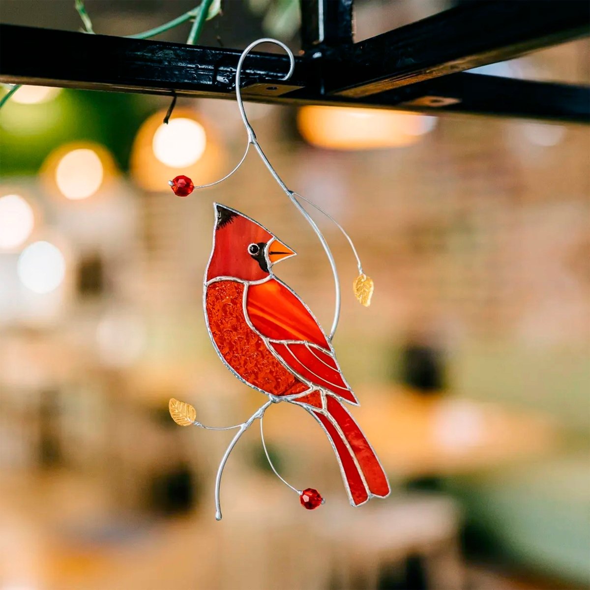 suncatcher Top product stained_glass Red Cardinal Suncatcher - Stained Glass Hanging Decor 3.8x8.3 inch