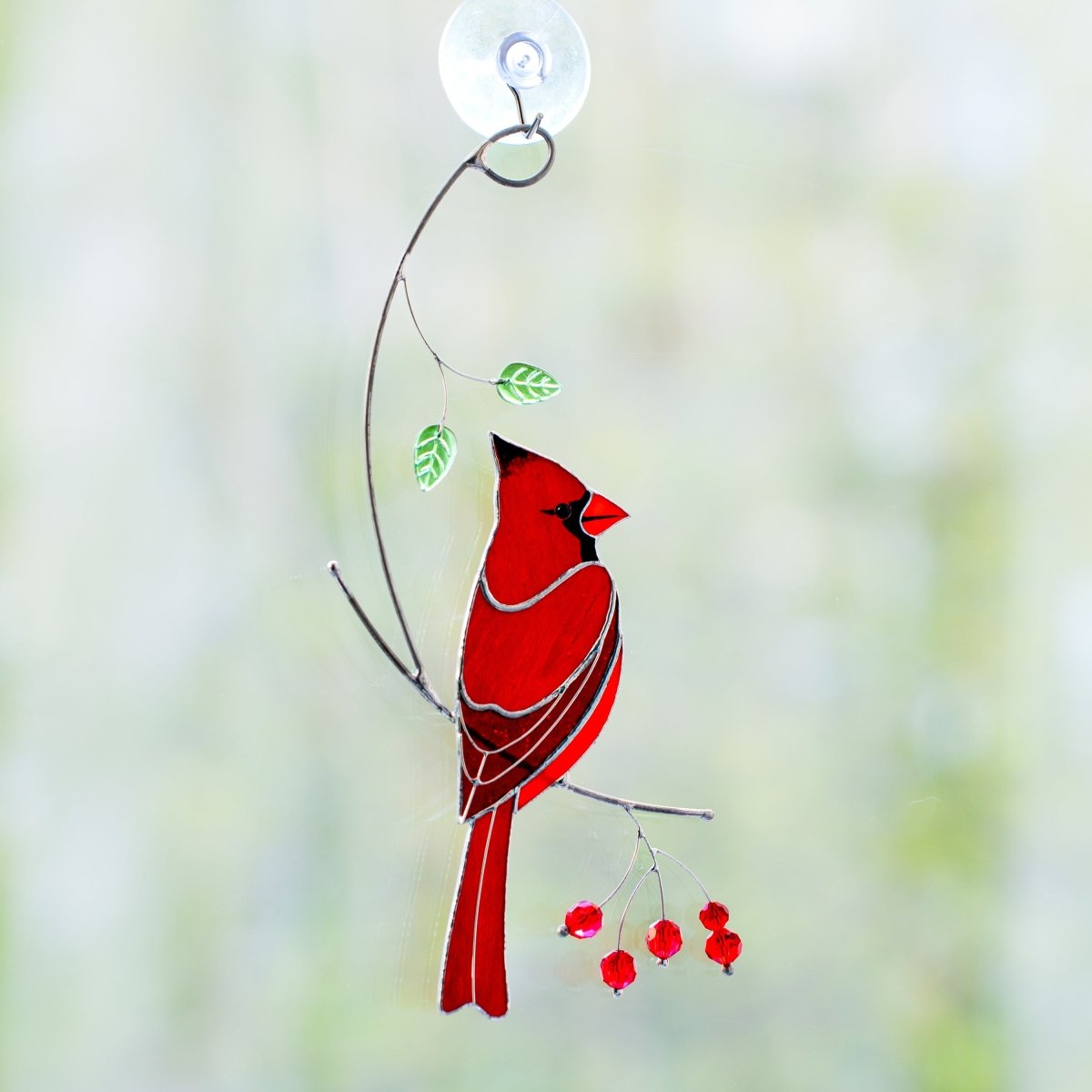 suncatcher stained_glass Red Cardinal Window Hanging – Stained Glass Father’s Day Gift