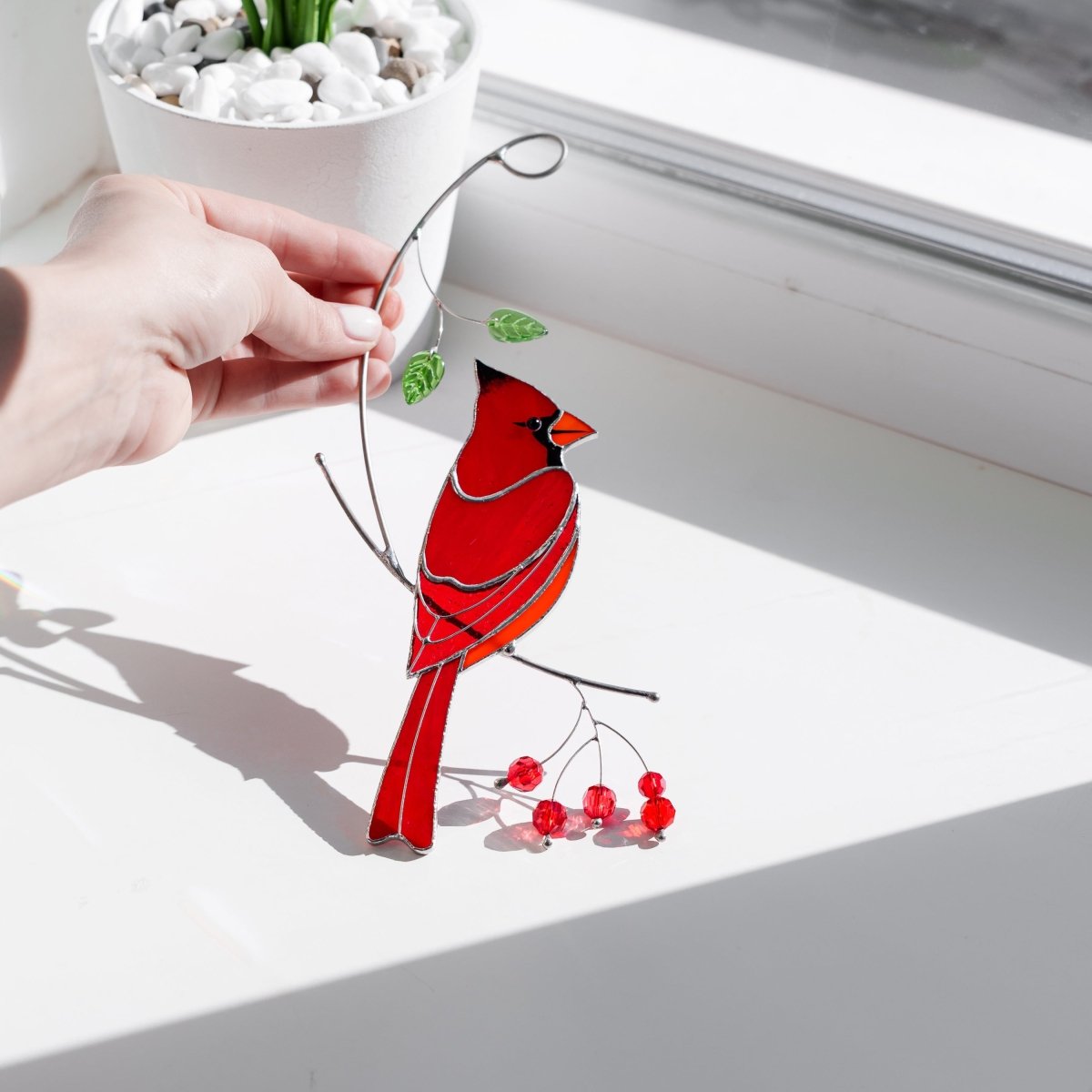 suncatcher stained_glass Red Cardinal Window Hanging – Stained Glass Father’s Day Gift