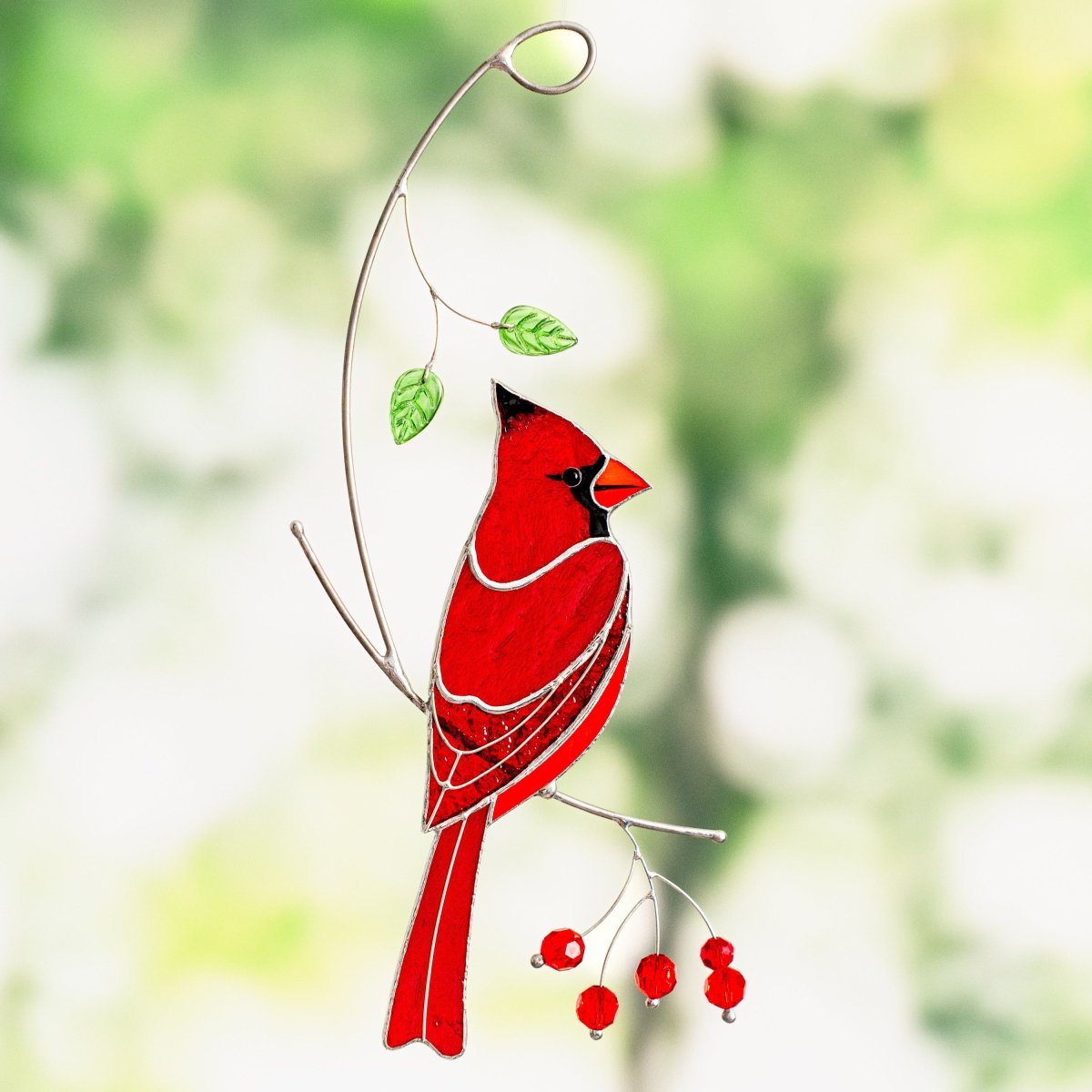 suncatcher stained_glass Red Cardinal Window Hanging – Stained Glass Father’s Day Gift