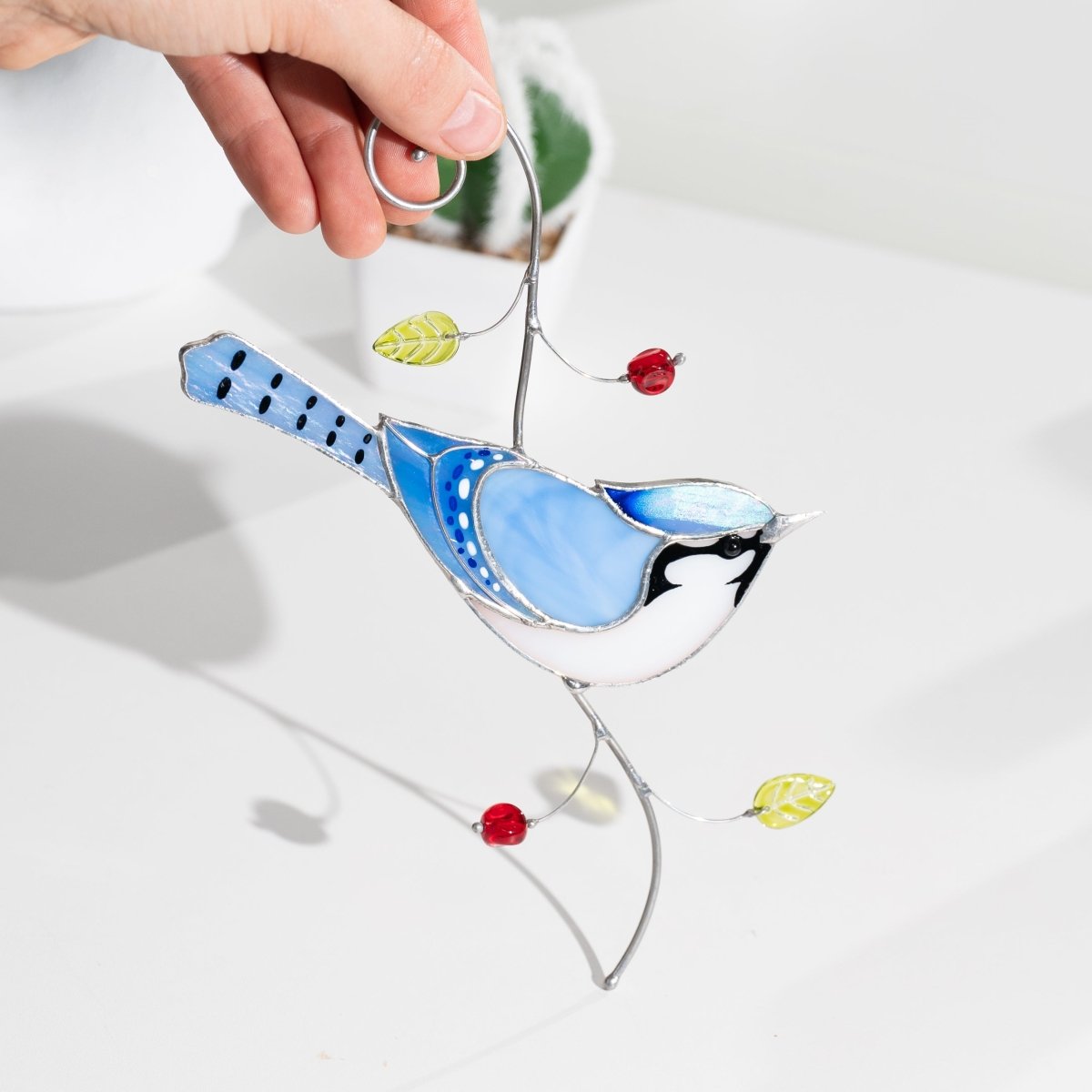 suncatcher Bird stained_glass Stained Glass Blue Jay - Suncatcher Hanging Decor 7.5x3.9 inch