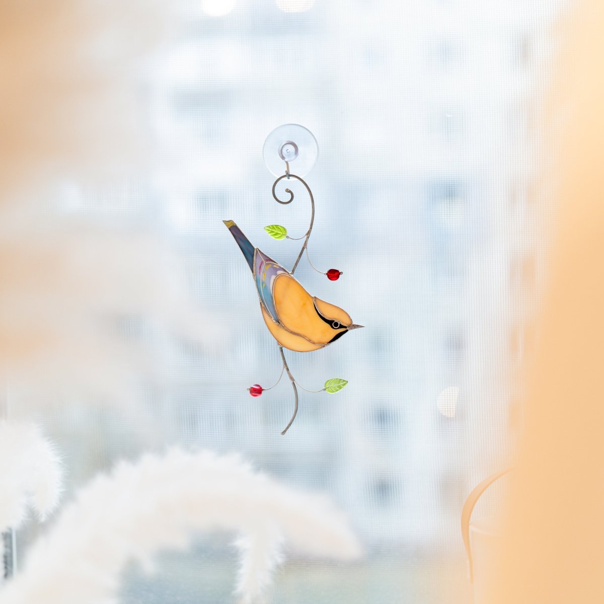 suncatcher Beveled stained_glass Stained Glass Cedar Waxwing Bird - Suncatcher Window Decor 7.5x3.9 inch