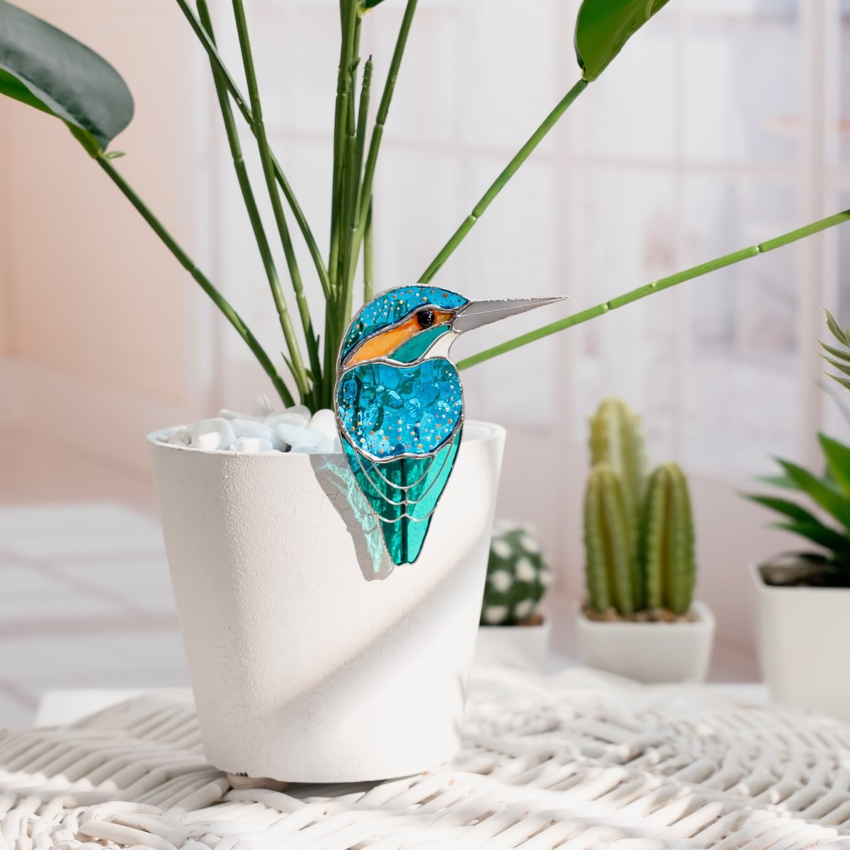 suncatcher stained_glass Stained Glass Kingfisher Bird Pot Decor – Bright Garden Accent Gift for Aunt, Friend, Co - worker, Bird Lover, Gardener