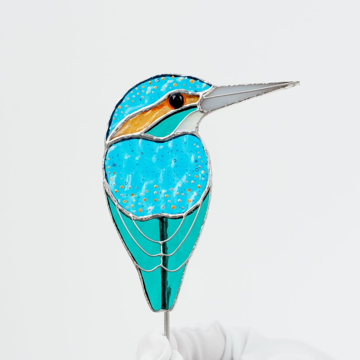 suncatcher stained_glass Stained Glass Kingfisher Bird Pot Decor – Bright Garden Accent Gift for Aunt, Friend, Co - worker, Bird Lover, Gardener