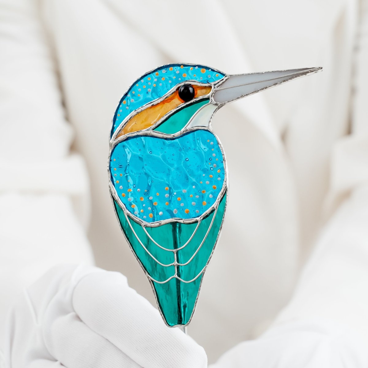 suncatcher stained_glass Stained Glass Kingfisher Bird Pot Decor – Bright Garden Accent Gift for Aunt, Friend, Co - worker, Bird Lover, Gardener