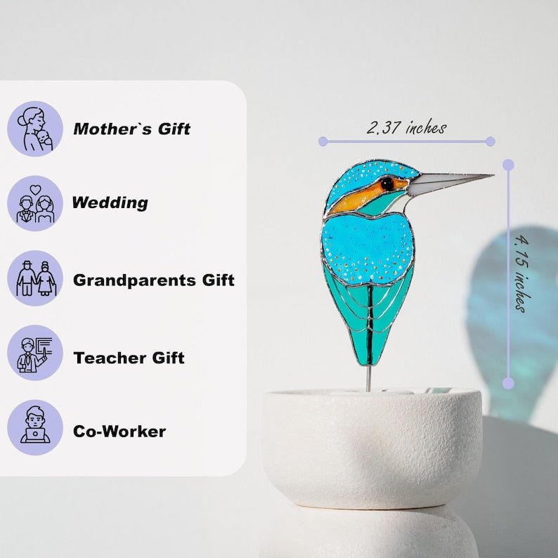 suncatcher stained_glass Stained Glass Kingfisher Bird Pot Decor – Bright Garden Accent Gift for Aunt, Friend, Co - worker, Bird Lover, Gardener