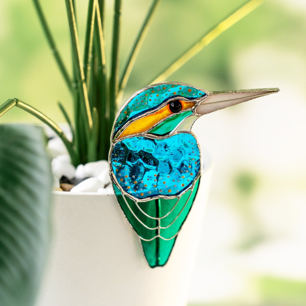 suncatcher stained_glass Stained Glass Kingfisher Bird Pot Decor – Bright Garden Accent Gift for Aunt, Friend, Co - worker, Bird Lover, Gardener
