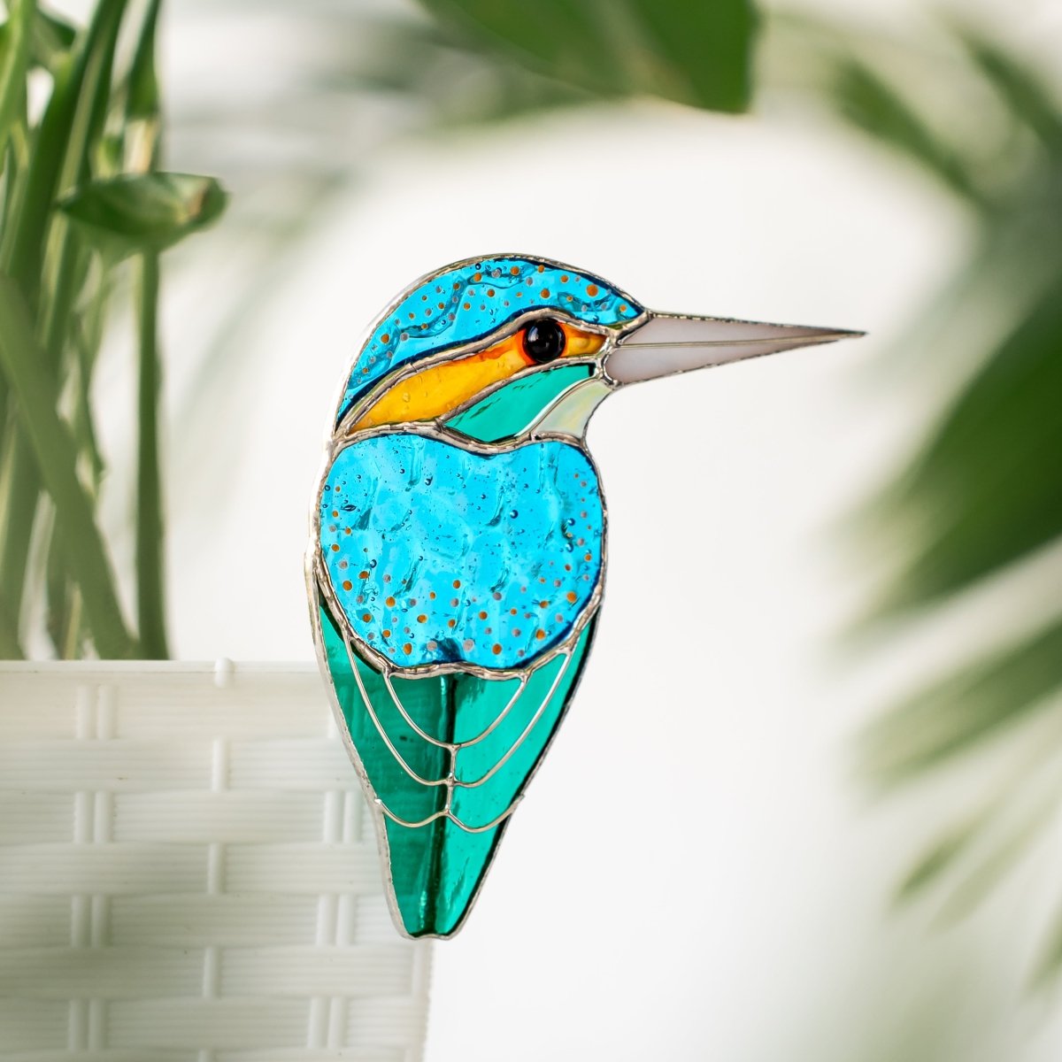 suncatcher stained_glass Stained Glass Kingfisher Bird Pot Decor – Bright Garden Accent Gift for Aunt, Friend, Co - worker, Bird Lover, Gardener