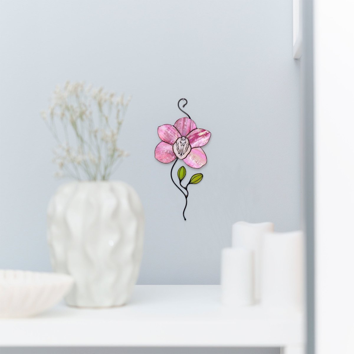 suncatcher Flowers stained_glass Stained Glass Pink Orchid Suncatcher – Window Hanging Floral Decor, Handmade Orchid Gift