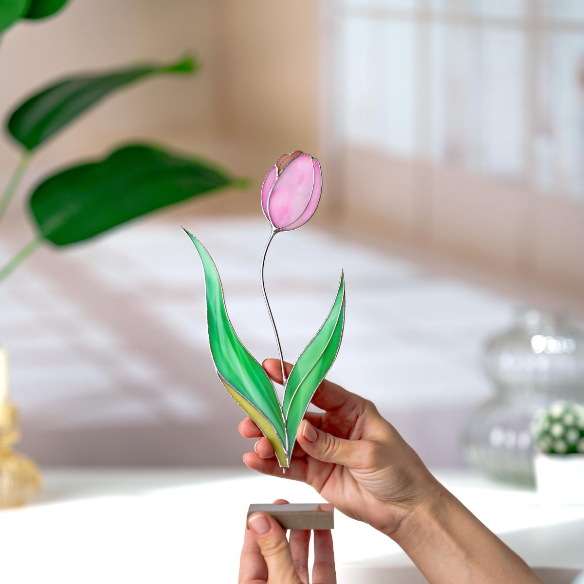 suncatcher stained_glass Tulip Stained Glass Table Decor – Handmade Floral Sculpture for Home