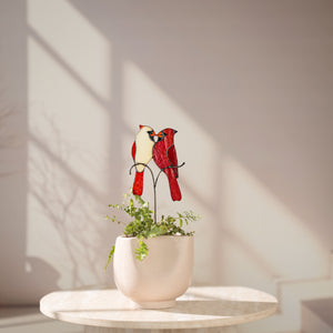 Stained glass cardinal couple plant stake with male and female birds in a flower pot