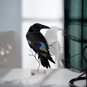 Handcrafted stained glass raven sculpture with metal branch base for table decor