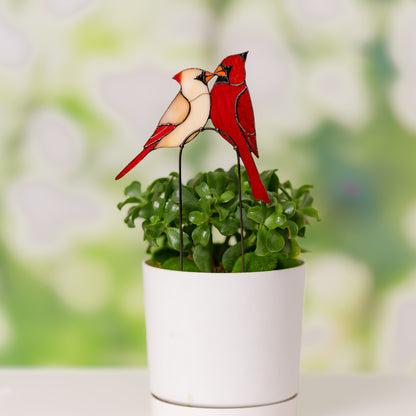 Stained Glass Cardinal Couple Plant Stake Decor