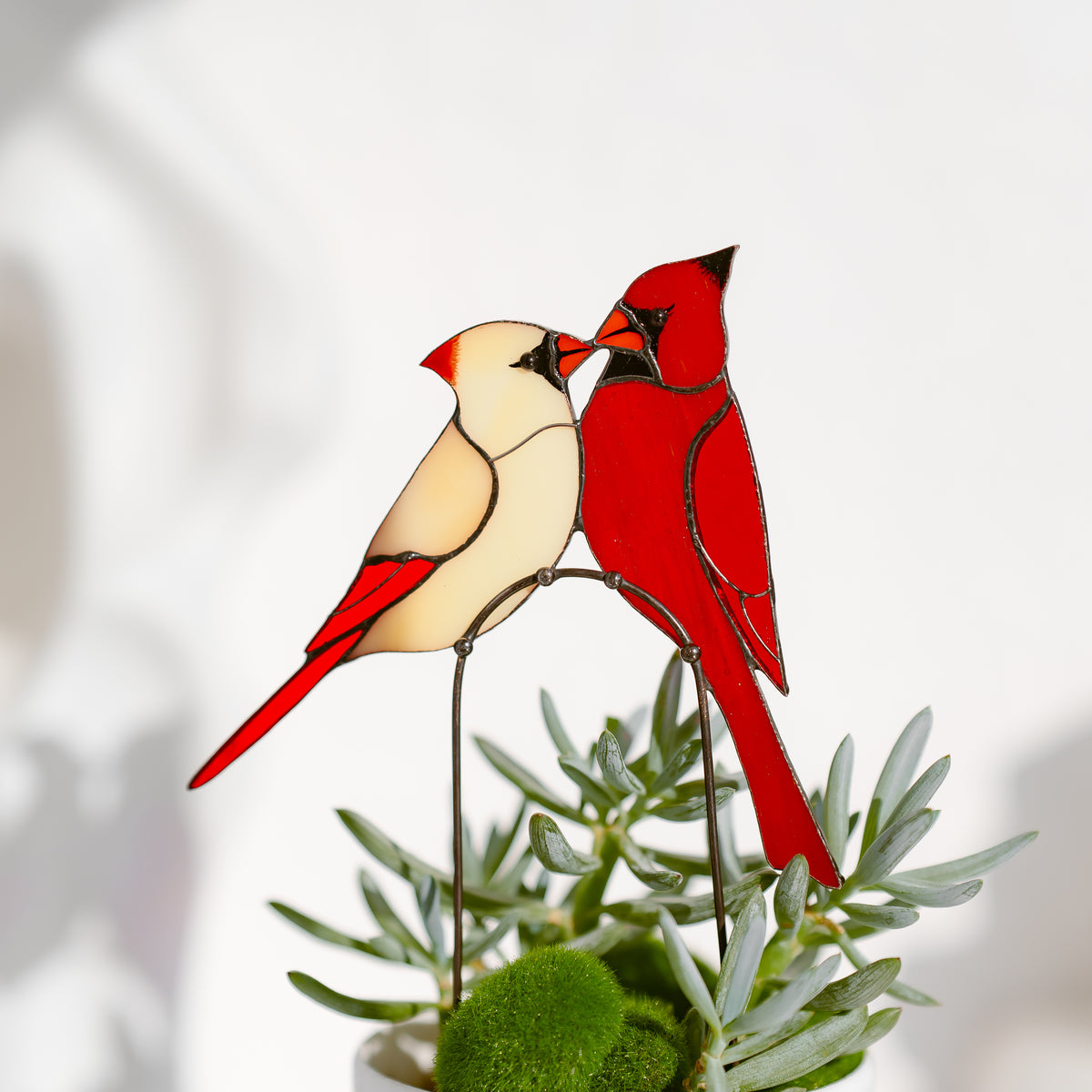 Stained Glass Cardinal Couple Plant Stake Decor