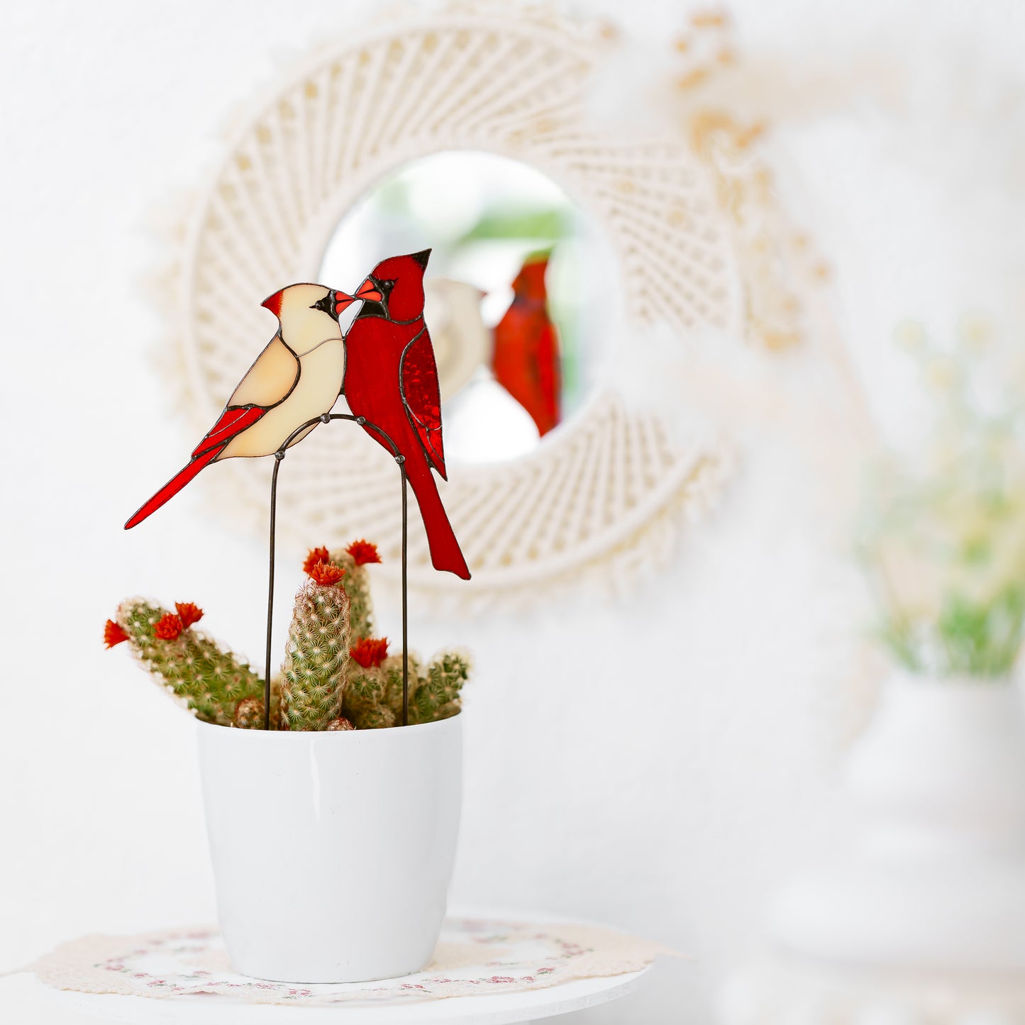 Stained Glass Cardinal Couple Plant Stake Decor