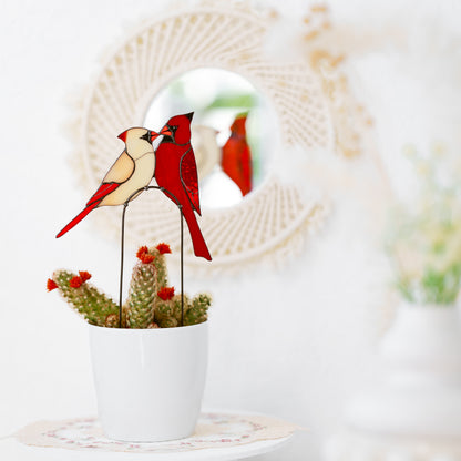 Stained Glass Cardinal Couple Plant Stake Decor