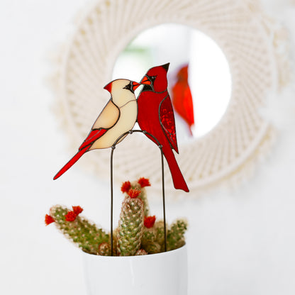 Stained Glass Cardinal Couple Plant Stake Decor