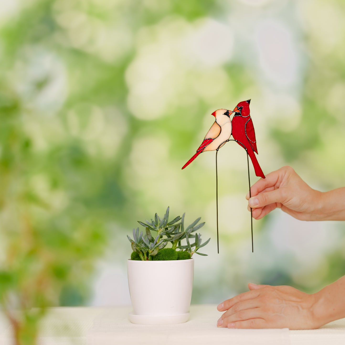 Stained Glass Cardinal Couple Plant Stake Decor