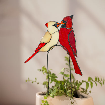 Stained Glass Cardinal Couple Plant Stake Decor