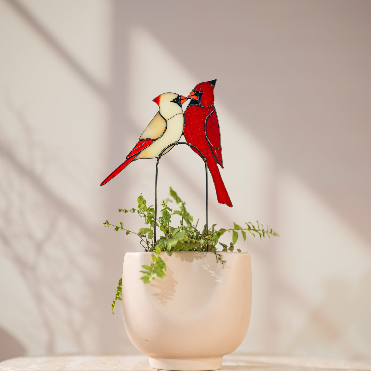 Stained Glass Cardinal Couple Plant Stake Decor