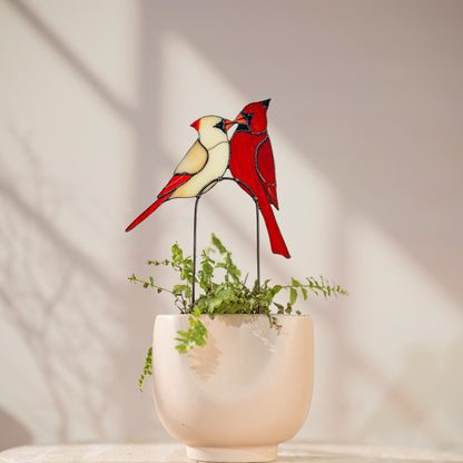 Stained Glass Cardinal Couple Plant Stake Decor