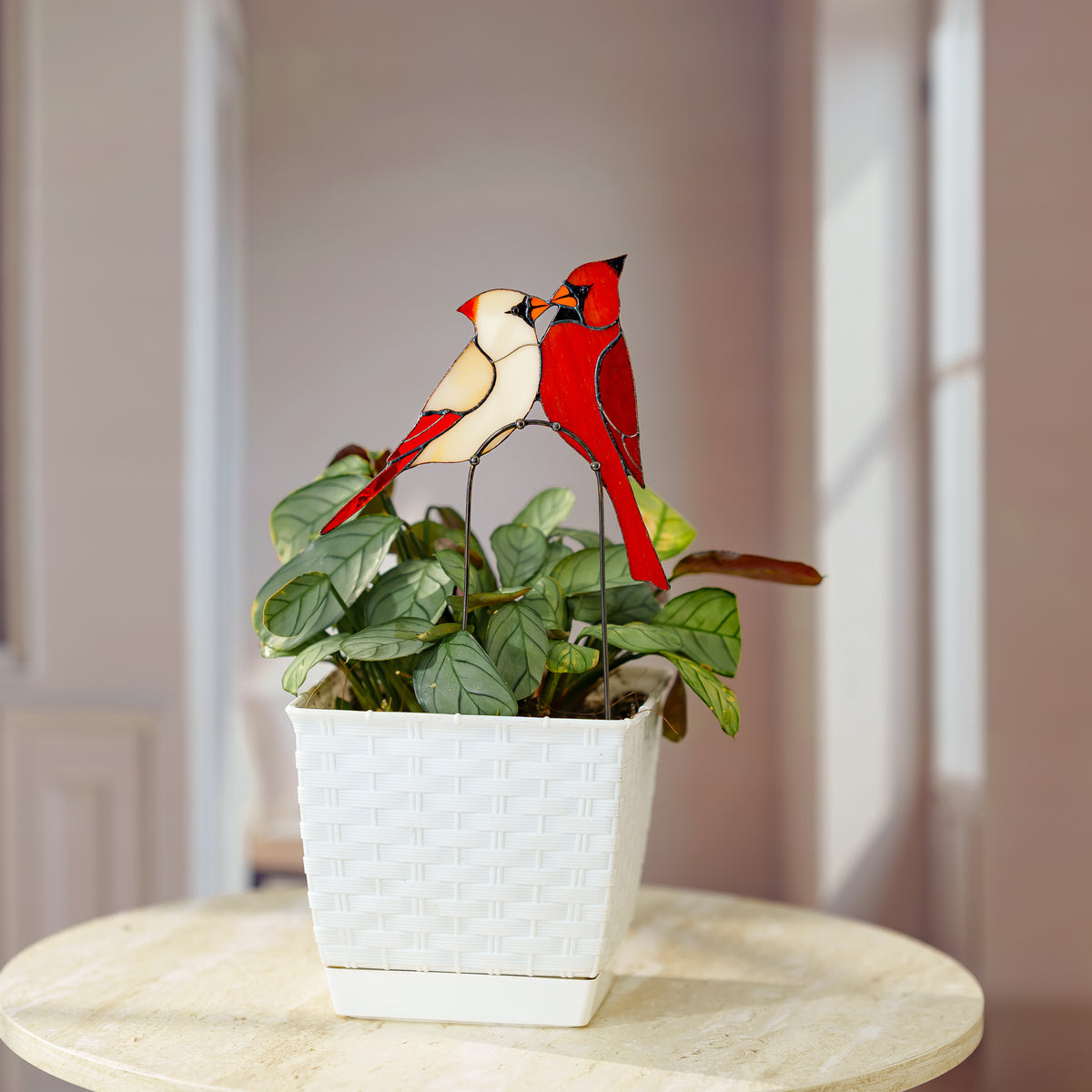 Stained Glass Cardinal Couple Plant Stake Decor