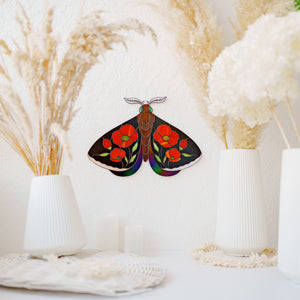 Stained Glass Moth Wall Decor with Red Poppies