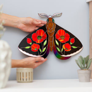 Stained Glass Moth Wall Decor with Red Poppies