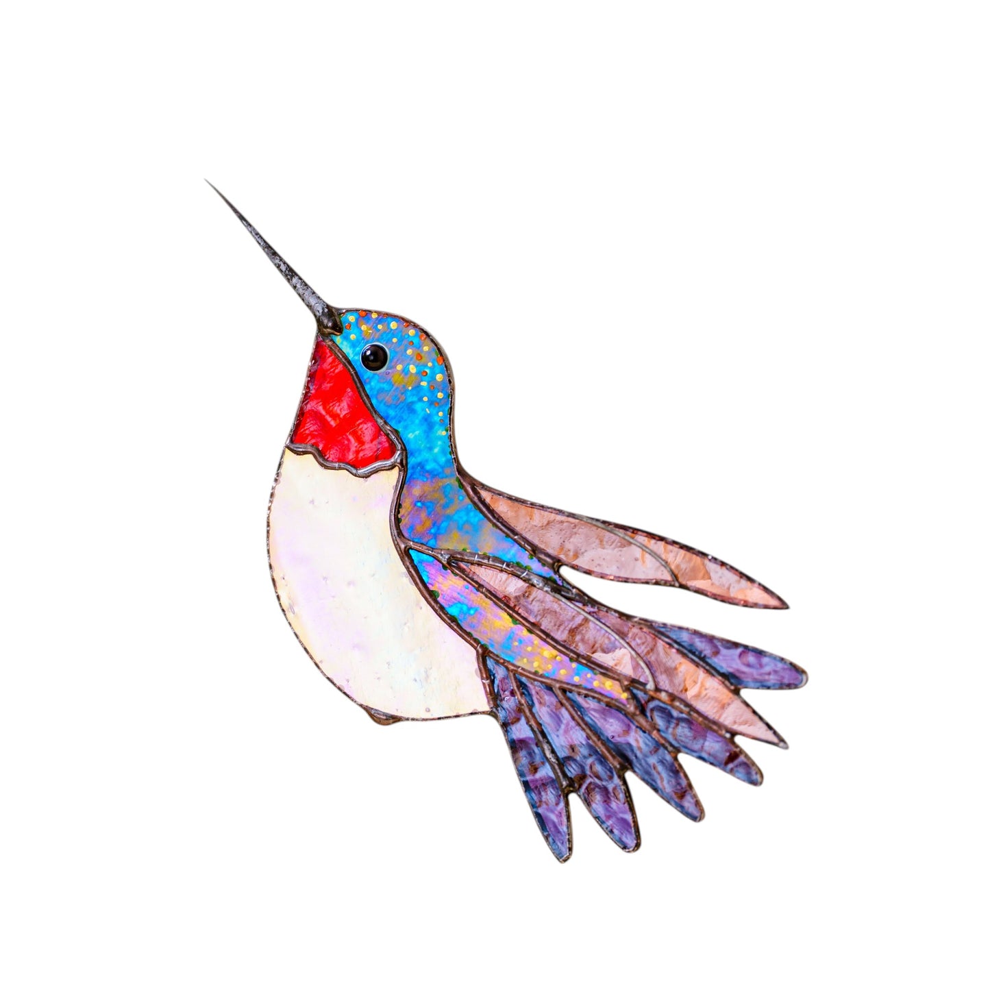 Ruby-throated hummingbird stained glass clip decor attached to a plant