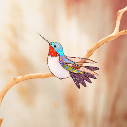 Ruby Throated Hummingbird Stained Glass Plant Clip Decor