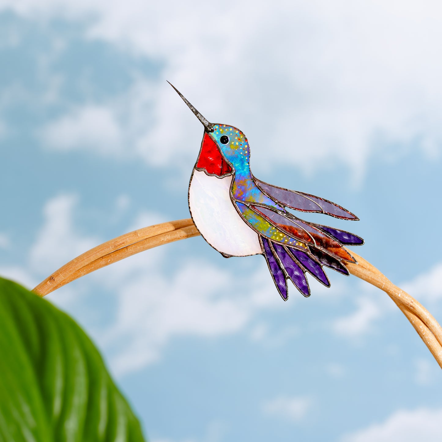 Ruby Throated Hummingbird Stained Glass Plant Clip Decor