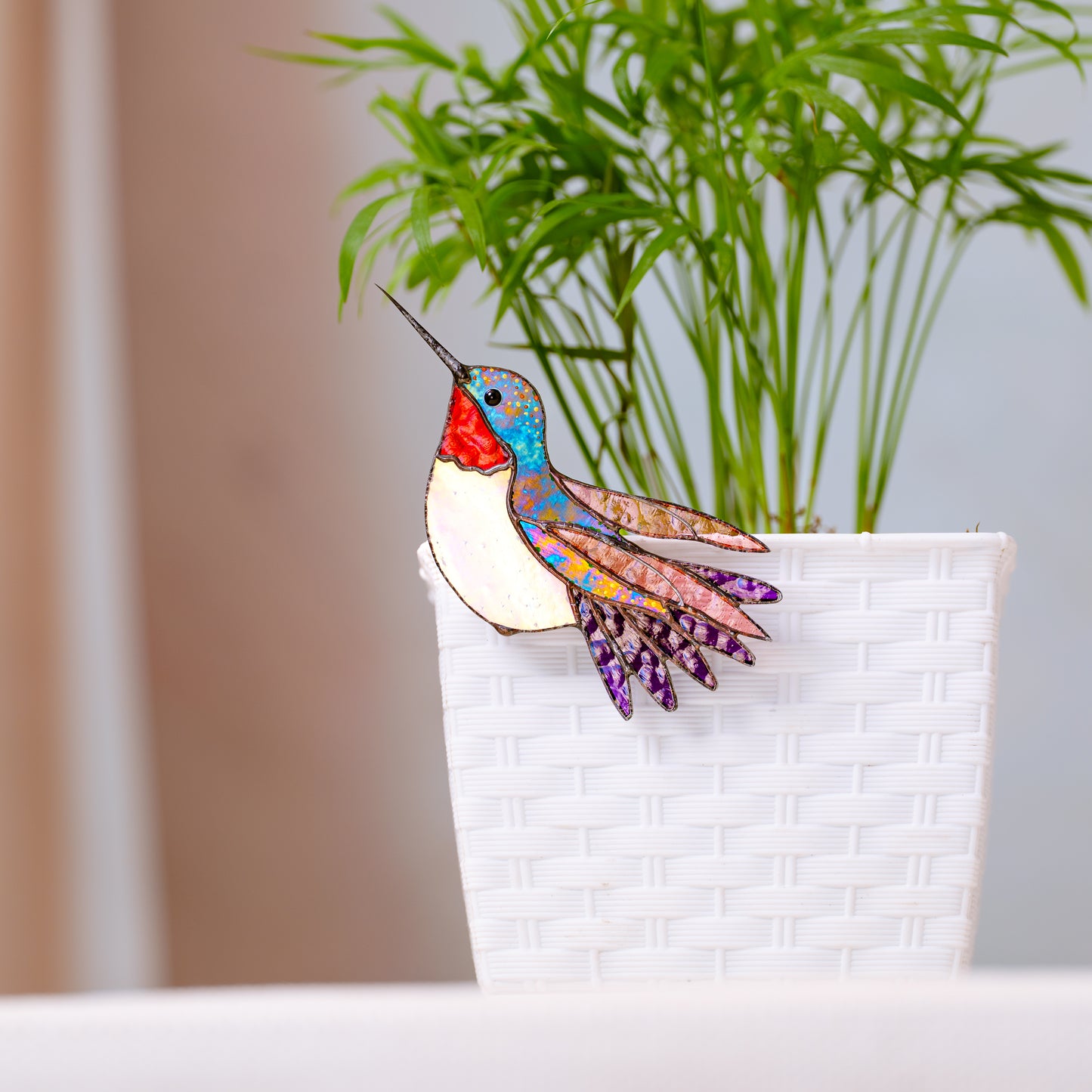 Ruby Throated Hummingbird Stained Glass Plant Clip Decor