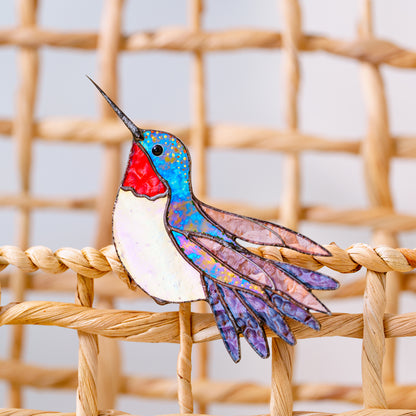 Ruby Throated Hummingbird Stained Glass Plant Clip Decor