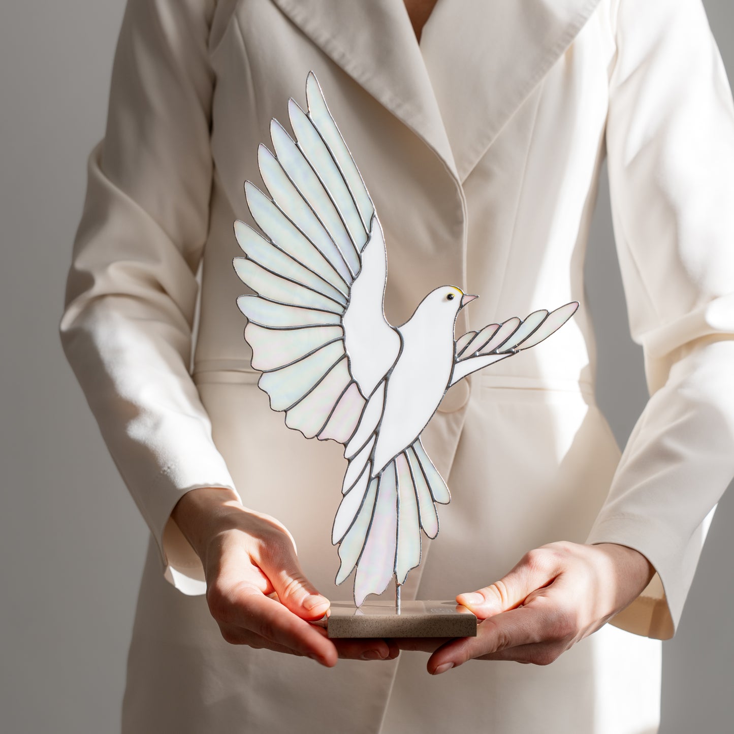 White Dove Stained Glass Sculpture Pair with Stone Base