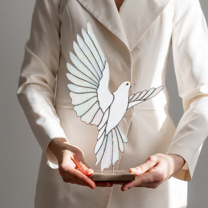 White Dove Stained Glass Sculpture Pair with Stone Base