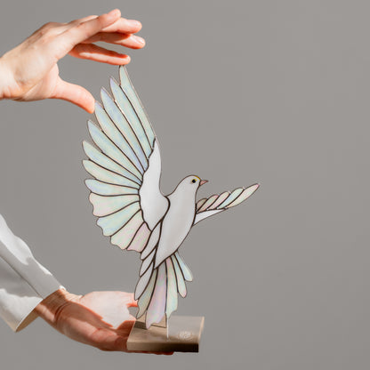 White Dove Stained Glass Sculpture Pair with Stone Base