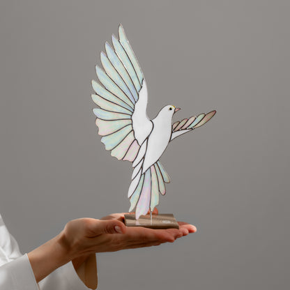 White Dove Stained Glass Sculpture Pair with Stone Base