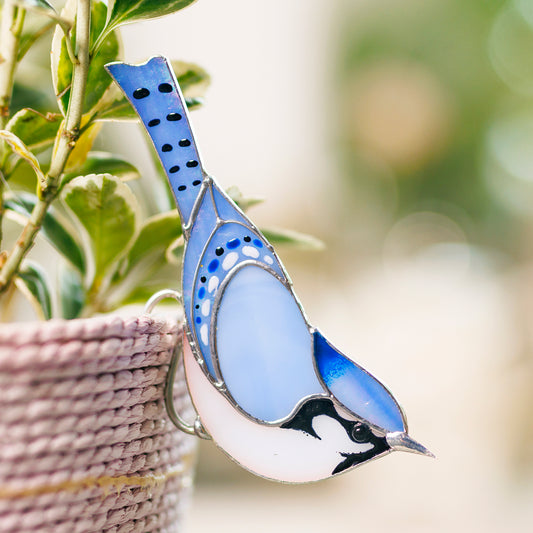 Blue Jay Stained Glass - Suncatcher Planter decor 3.15x4.7 inch