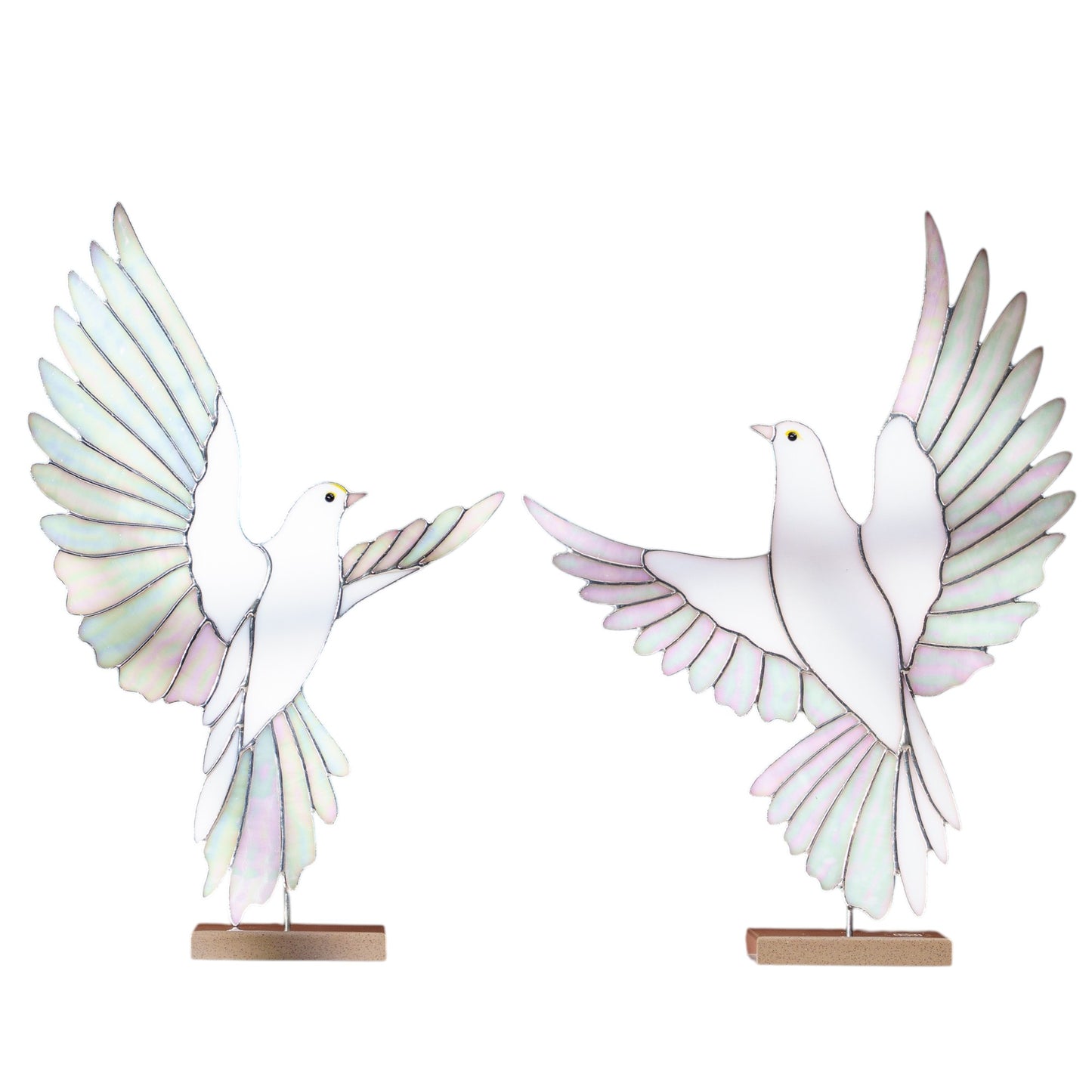 White Dove Stained Glass Sculpture Pair with Stone Base
