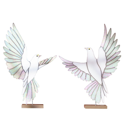 White Dove Stained Glass Sculpture Pair with Stone Base