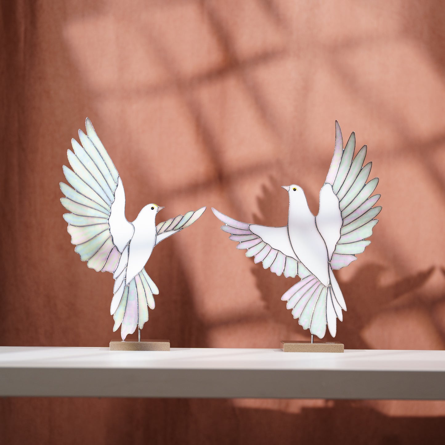 White Dove Stained Glass Sculpture Pair with Stone Base